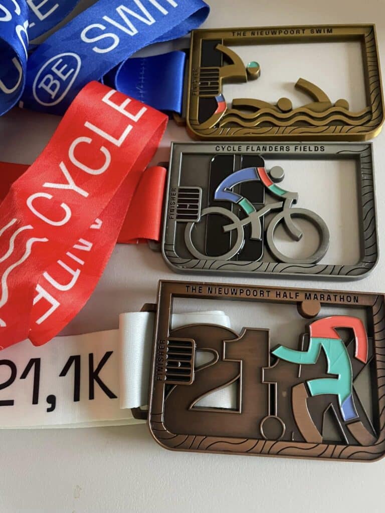 Janet competing in the Long Course Weekend Belgium triathlon and enjoying Belgian food