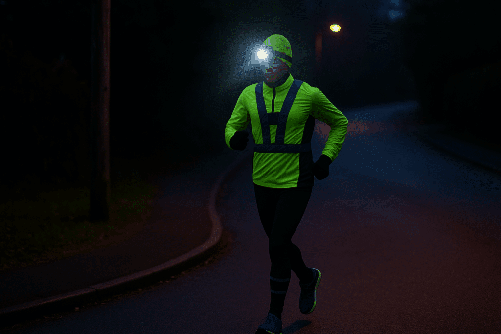 Runner wearing reflective gear and headtorch on a dark evening