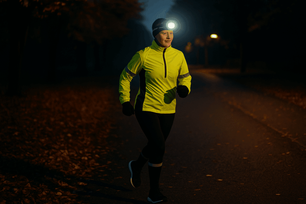 Runner in reflective gear on a dark autumn evening