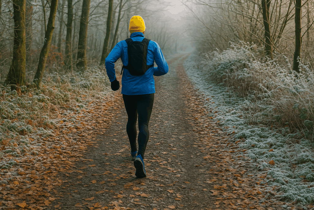 Runner on a frosty woodland trail during winter