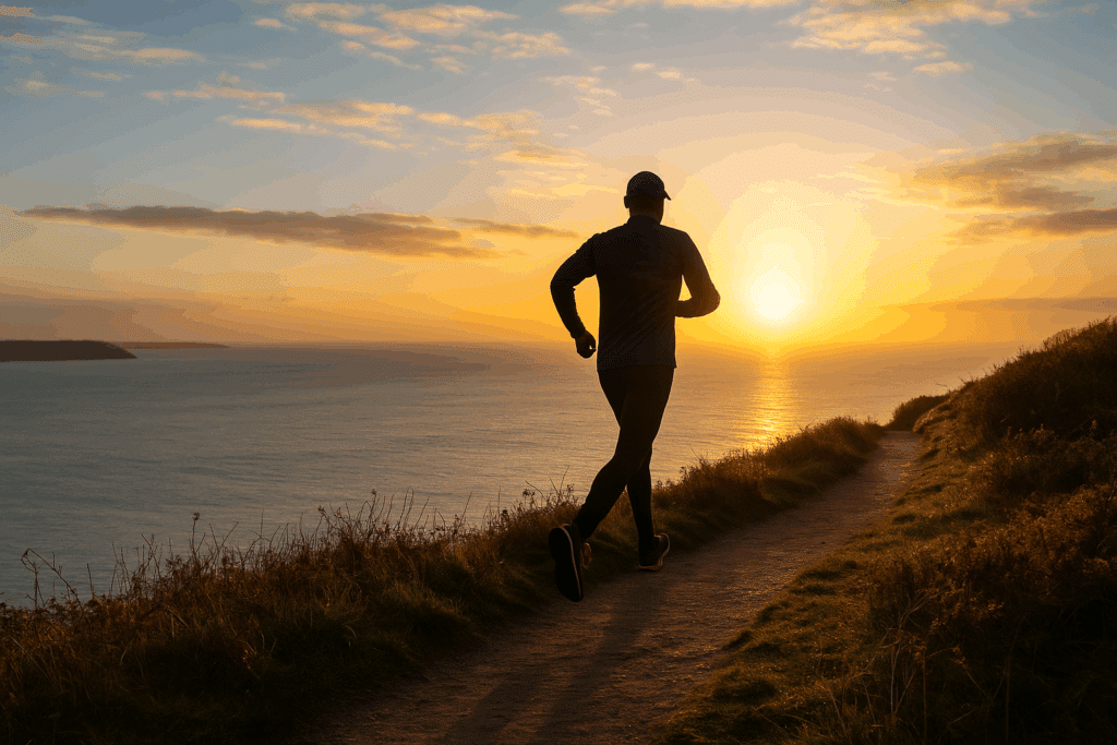 Runner jogging confidently along a coastal path at sunrise