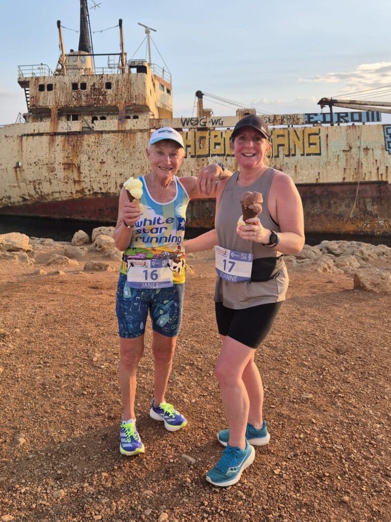 Carn Runners team enjoying the Leptos Cyprus 4 Day Challenge in Cyprus, celebrating after finishing multiple stages of the event.