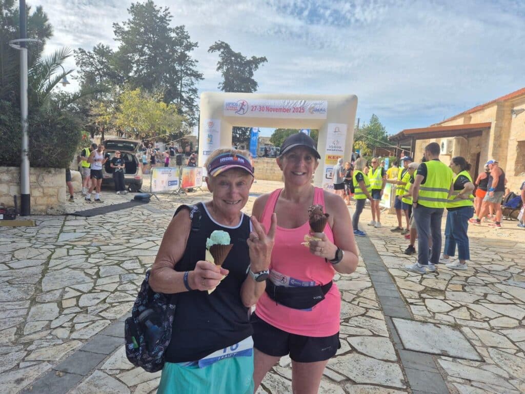 Carn Runners team enjoying the Leptos Cyprus 4 Day Challenge in Cyprus, celebrating after finishing multiple stages of the event.