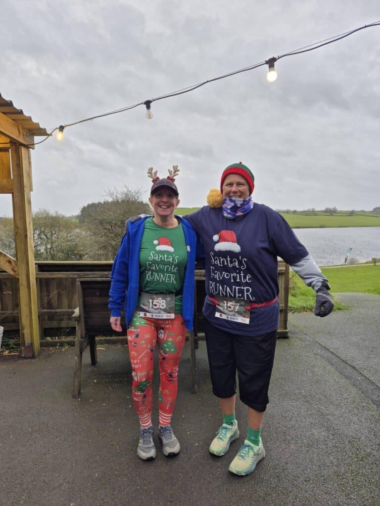 Sarah and Joanne at the Siblyback Santa Scamper wearing festive running attire.