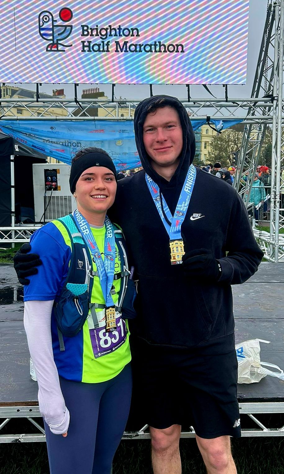 Carn Runners runner Sam at the Brighton Half Marathon finish line