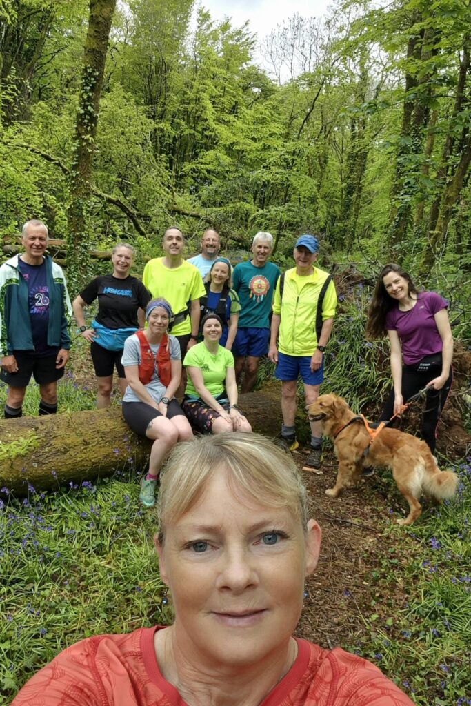 Carn Runners weekend social run through woodland bluebells and road routes in Cornwall