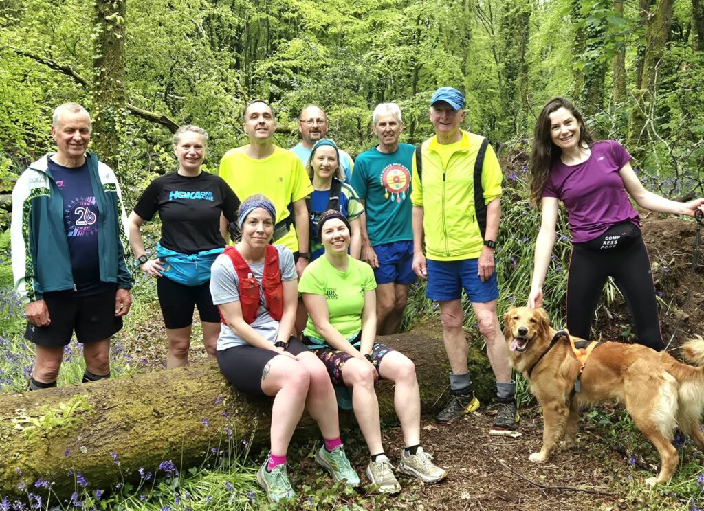 Carn Runners weekend social run through woodland bluebells and road routes in Cornwall