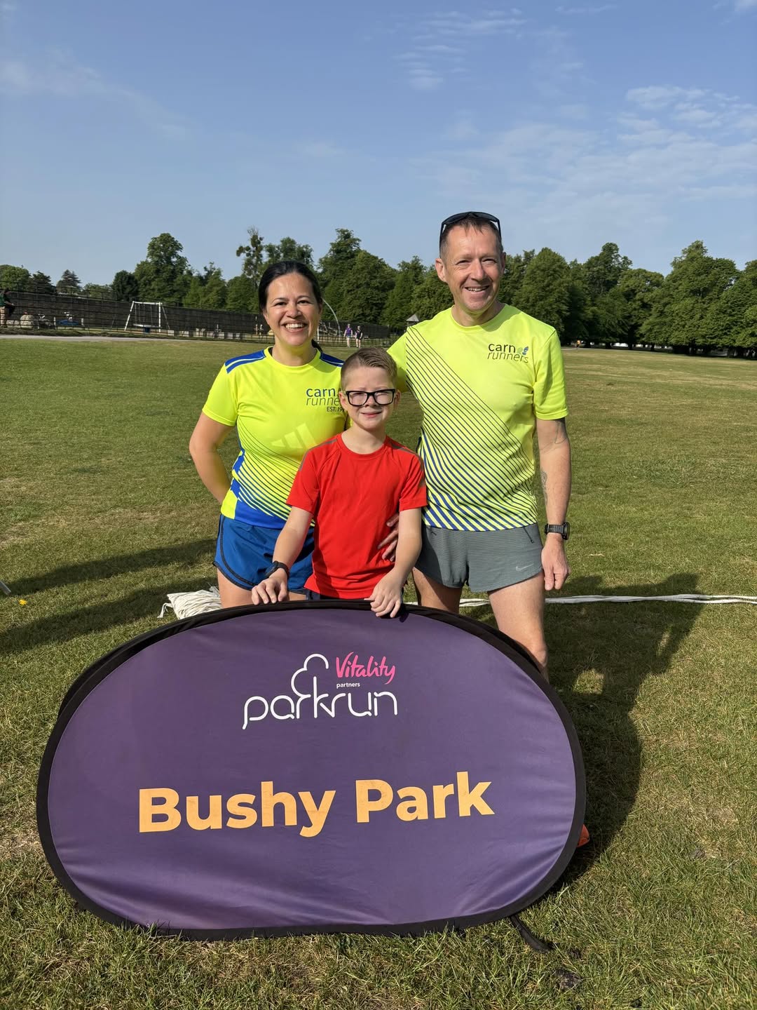The Webb family representing Carn Runners during parkrun tourism at Bushy Park