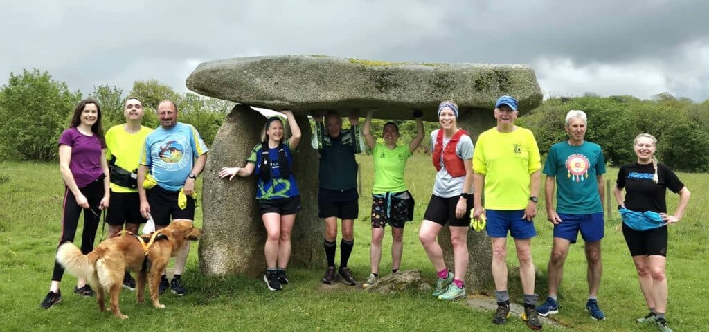 Carn Runners weekend social run through woodland bluebells and road routes in Cornwall