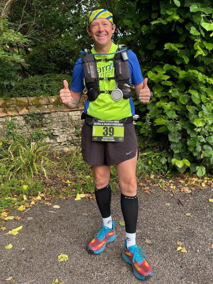 Carn Runner Steve running during the Three Shires Way Ultra across rural countryside trails
