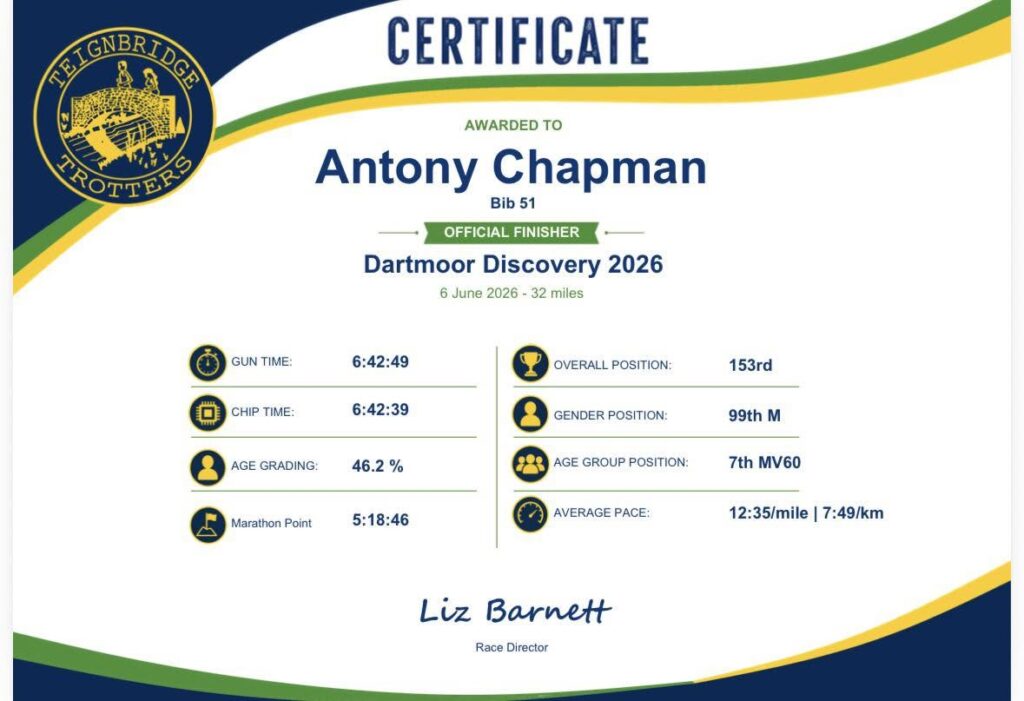 Carn Runners member Tony Chapman competing in the Dartmoor Discovery 50K ultra marathon