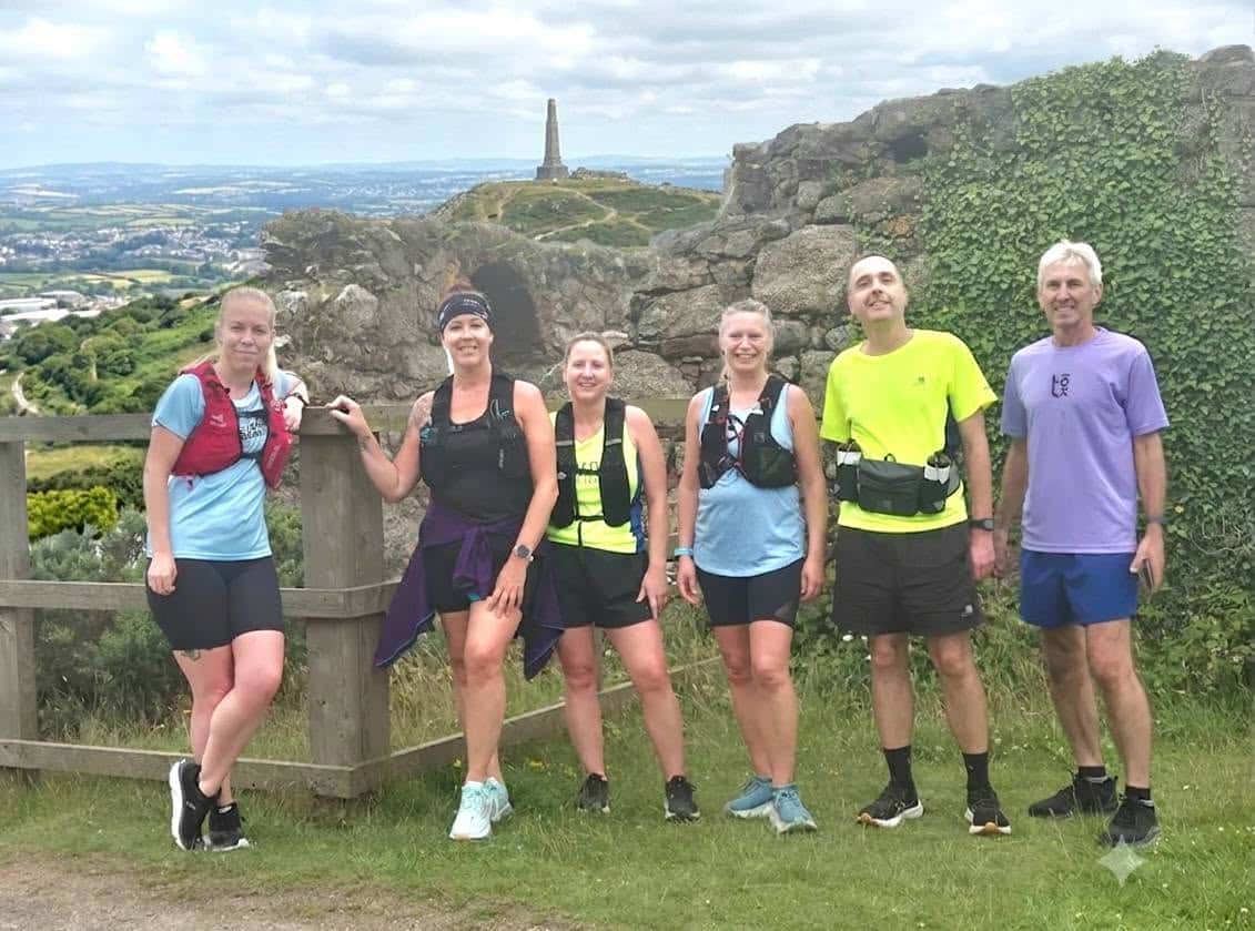 Carn Runners enjoying a Sunday social run on the Great Flat Lode while Vicky represents the club in France