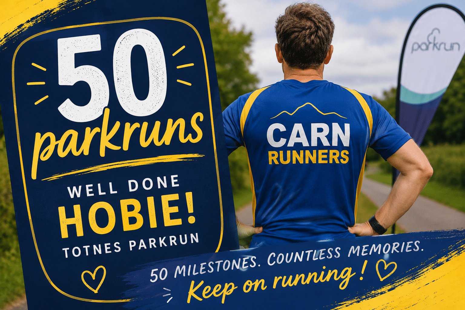The Webb family celebrating Hobie's 50th parkrun at Totnes while representing Carn Runners