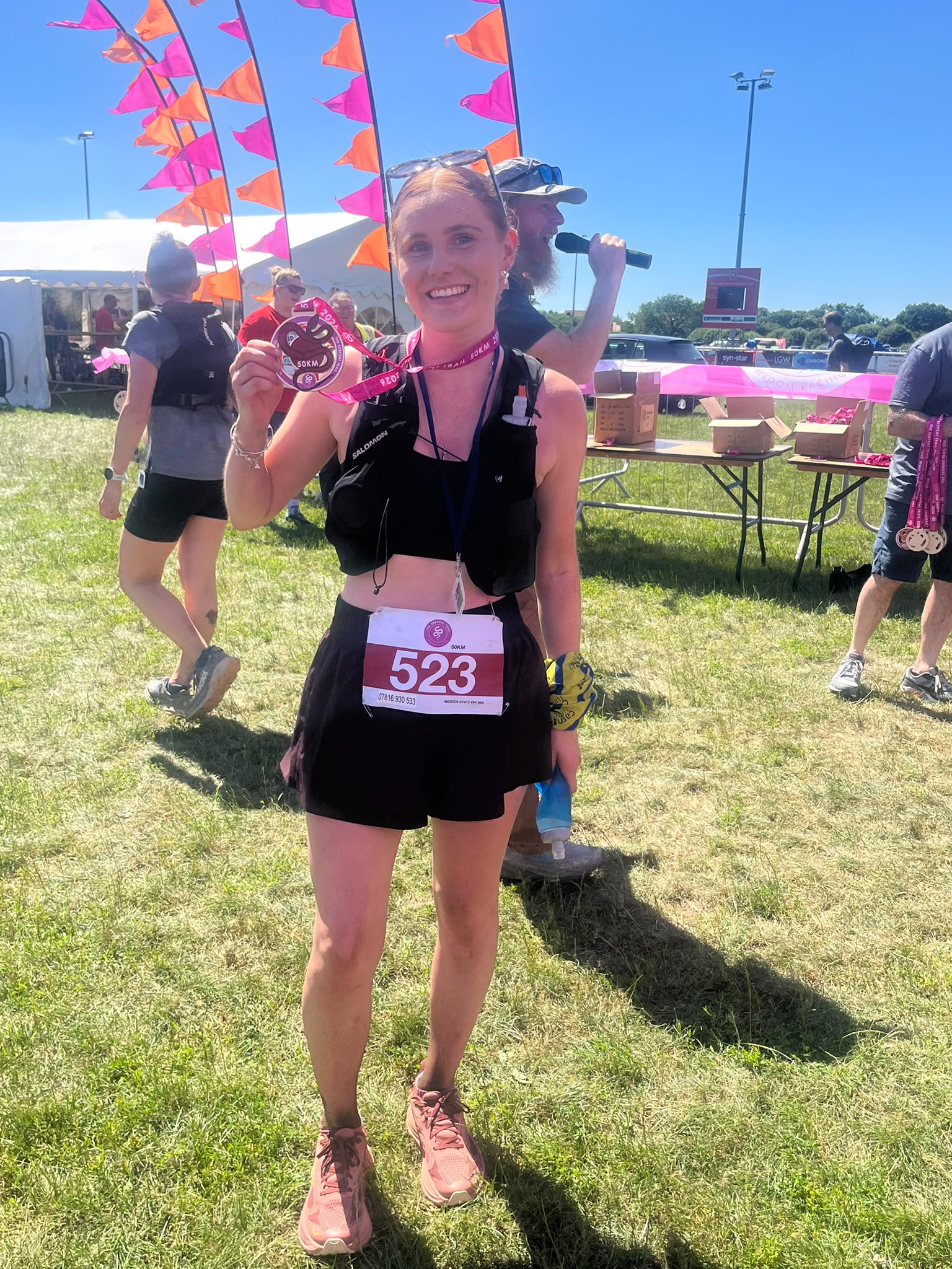 Carn Runners Jeanette Laura M and Eleanor at the Serpent Trail 50K ultra-distance event in Hampshire