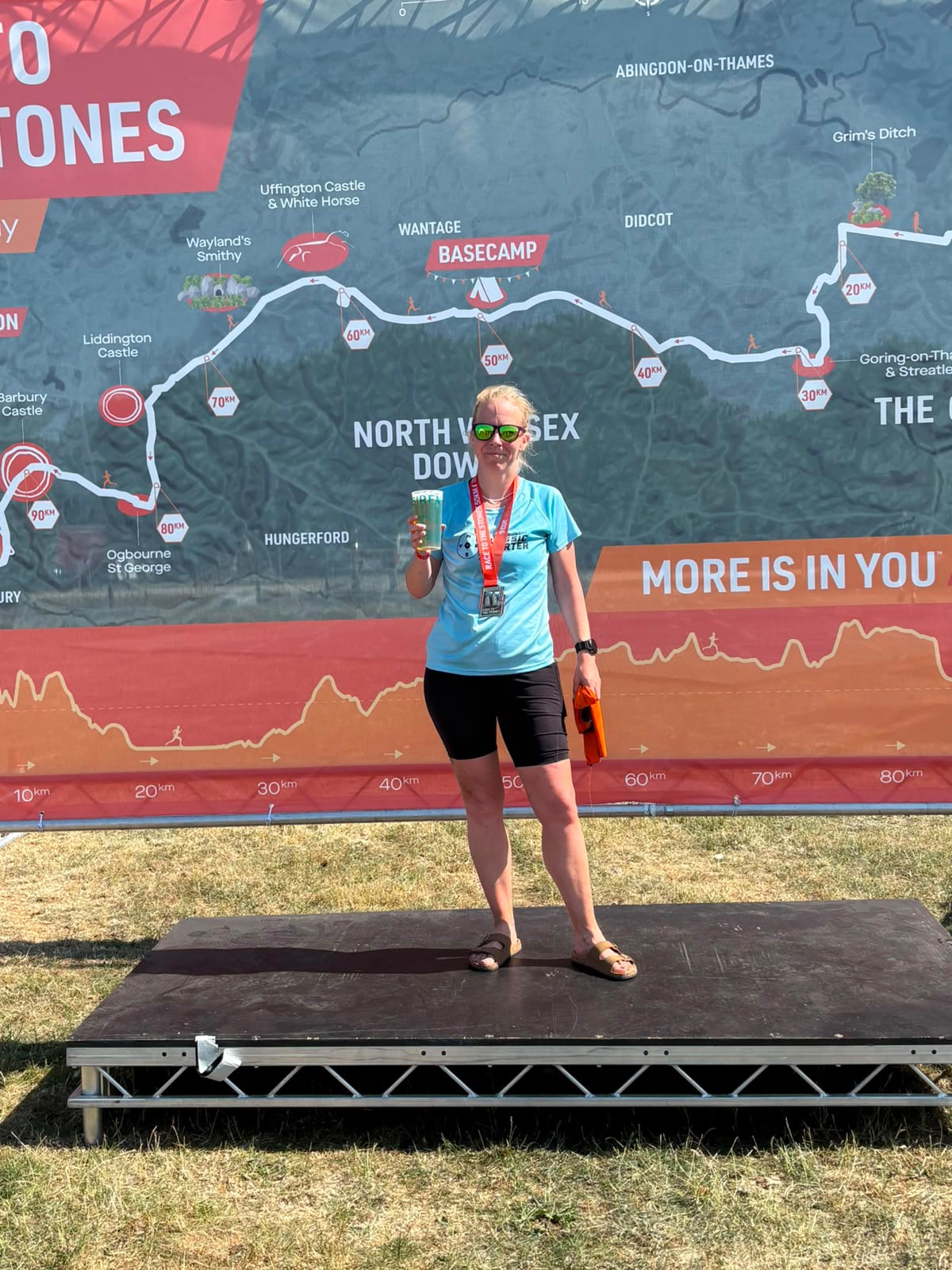 Tonia celebrating after completing her first ultra marathon at the Race to the Stones 50K