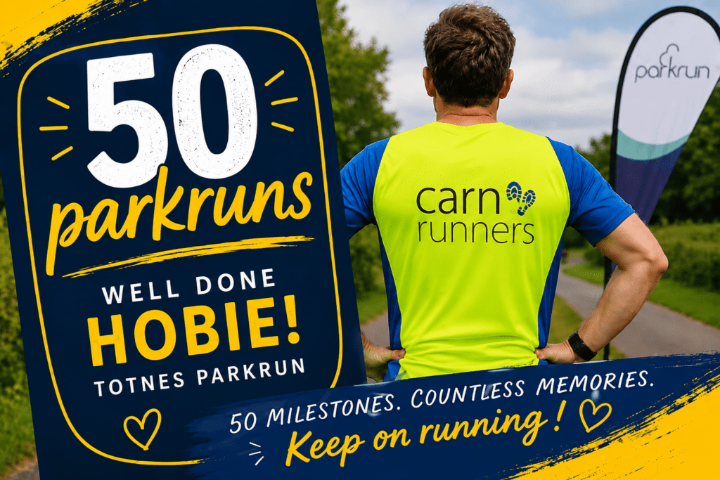The Webb family celebrating Hobie's 50th parkrun at Totnes while representing Carn Runners
