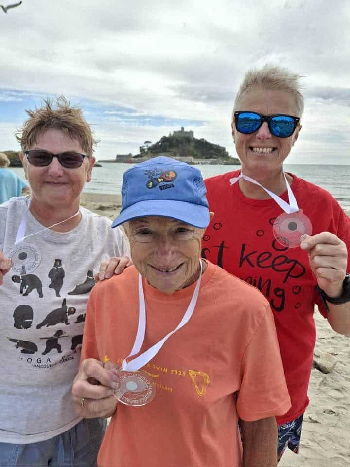 Jan, Judy and Sarah after completing the St Michael’s Mount Swim
