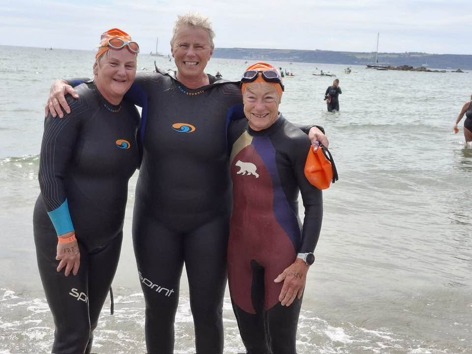 Jan, Judy and Sarah after completing the St Michael’s Mount Swim