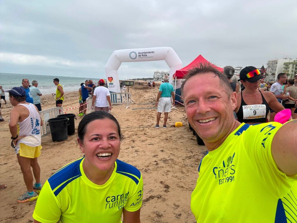 Carn Runners members taking part in an all-sand beach race and meeting at Pitchcroft parkrun in Worcester