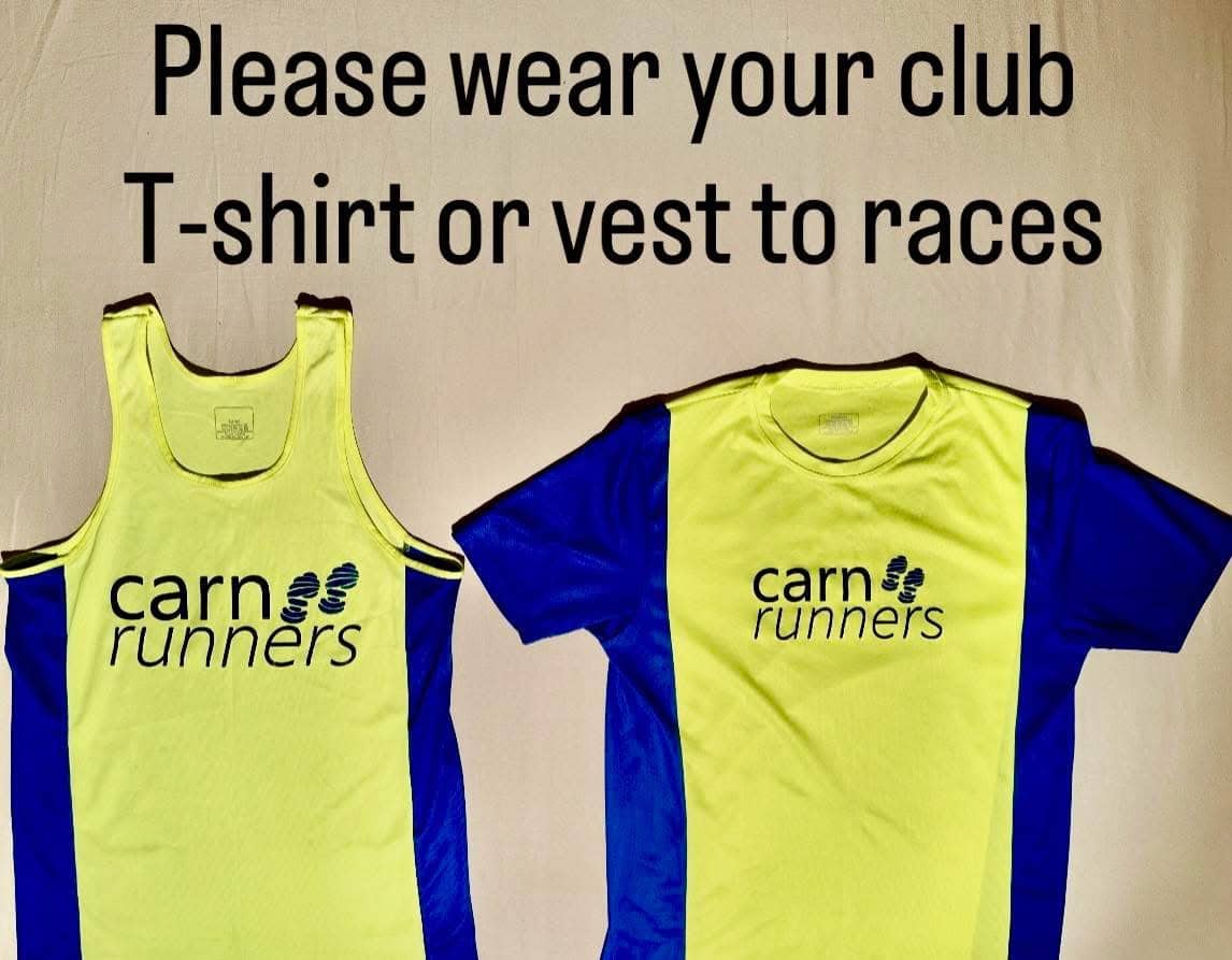 Carn Runners members in blue-and-yellow club kit gathered before a run