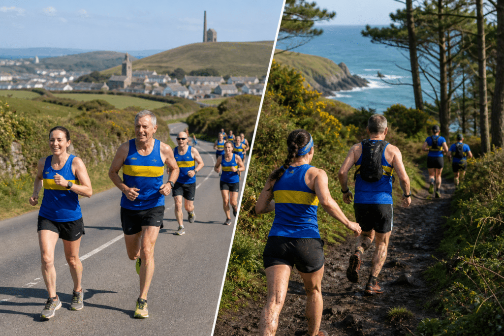 Carn Runners members choosing between a Cornish road race and a muddy trail route