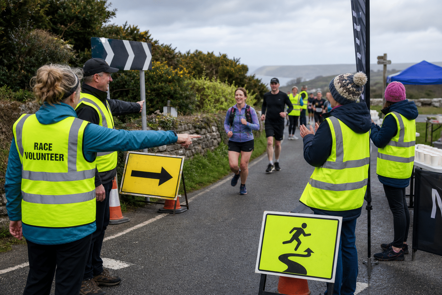 Race volunteers in high-visibility vests supporting runners at a Cornwall road race
