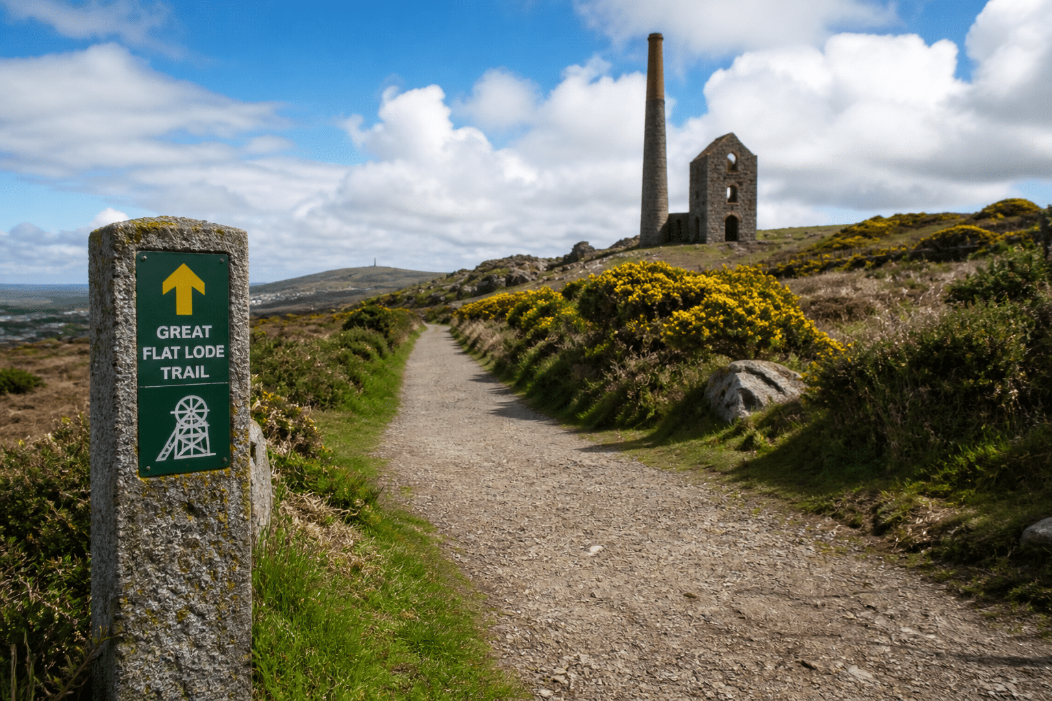 Waymarked Great Flat Lode Trail path with a historic Cornish engine house near Carn Brea
