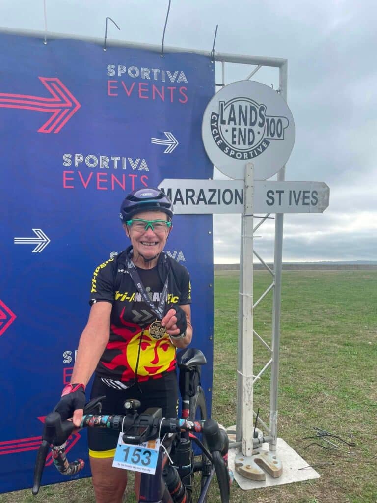 Janet completing the 104-mile Land’s End 100 cycling sportive