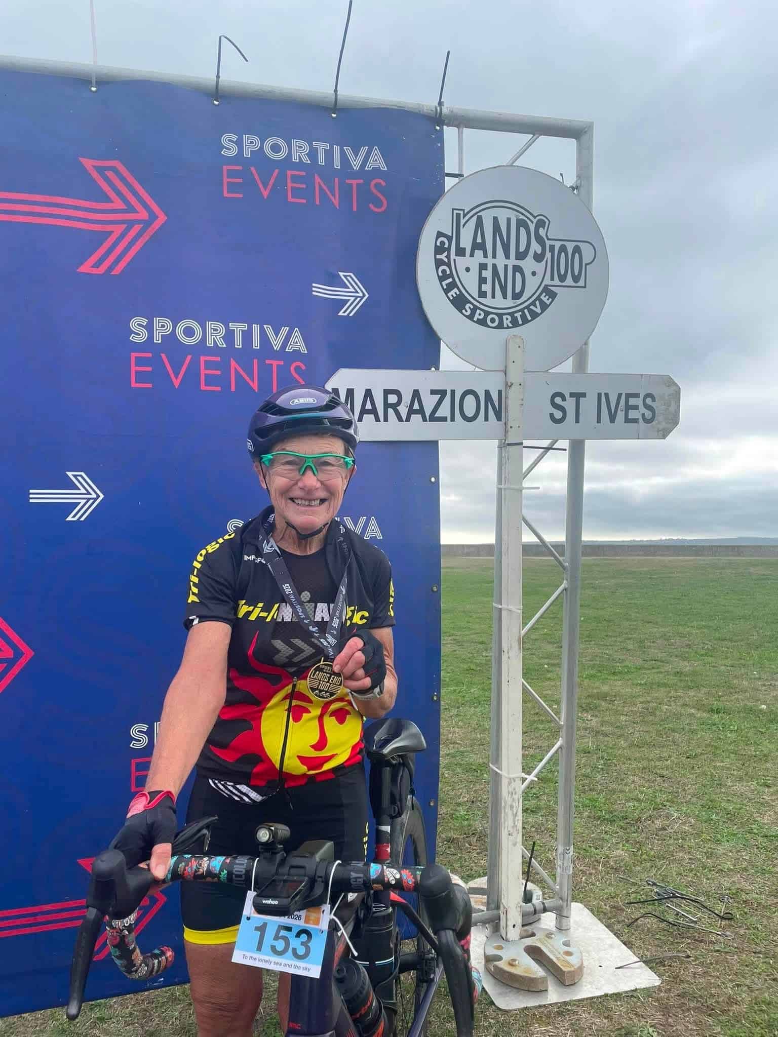 Janet completing the 104-mile Land’s End 100 cycling sportive