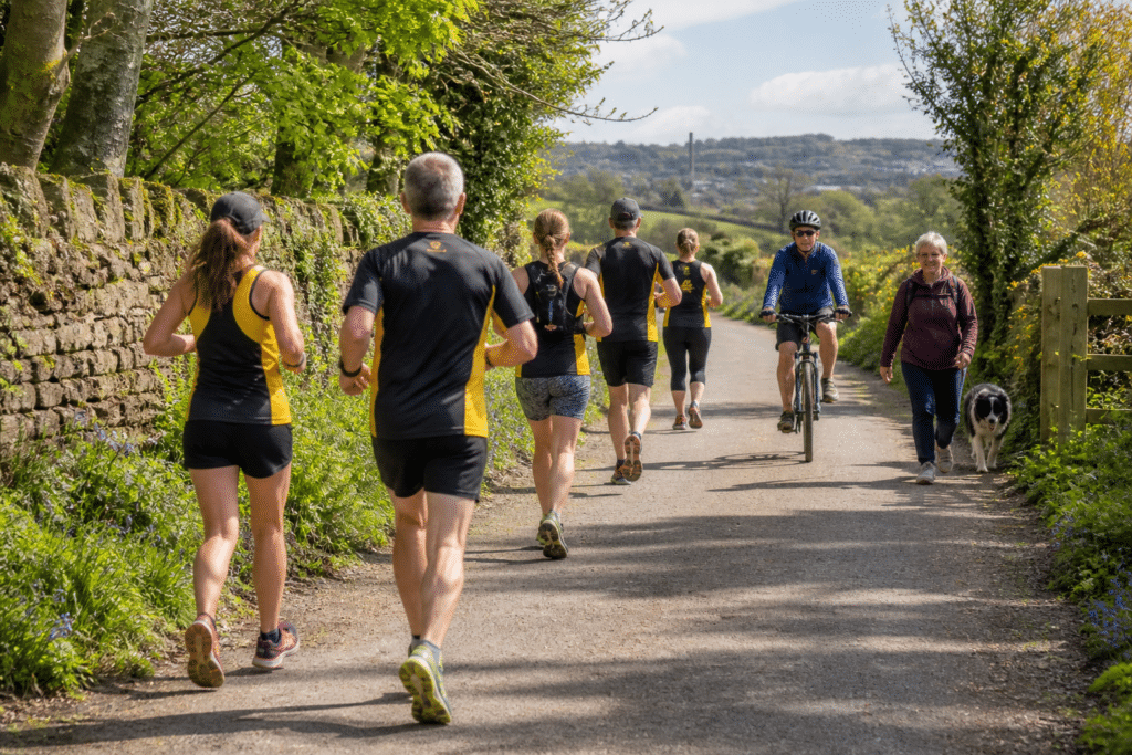 A small group of runners making room for other users on a Cornish path