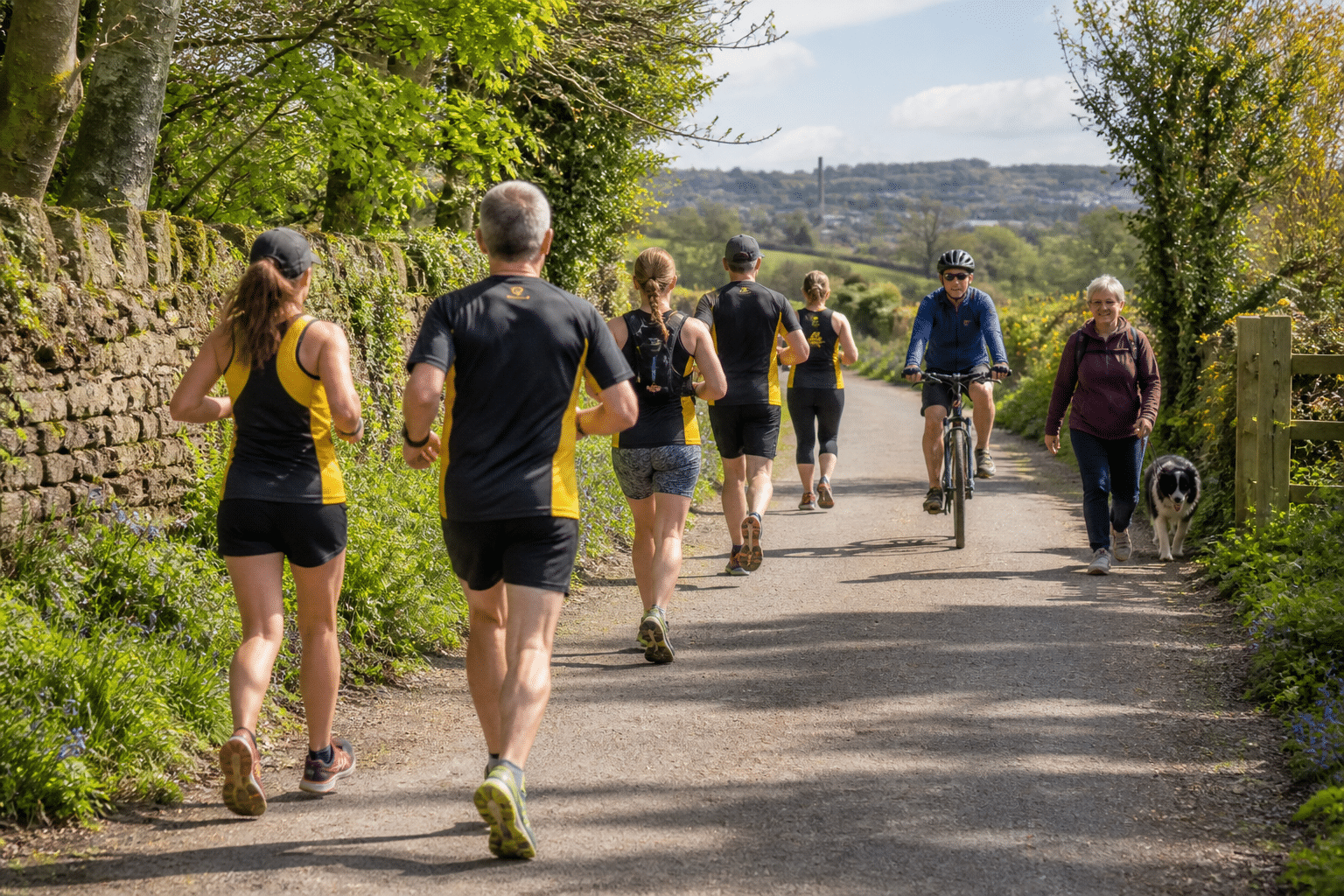 A small group of runners making room for other users on a Cornish path