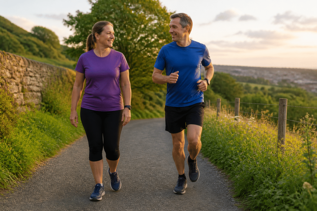 Two runners moving together at a relaxed pace on a path