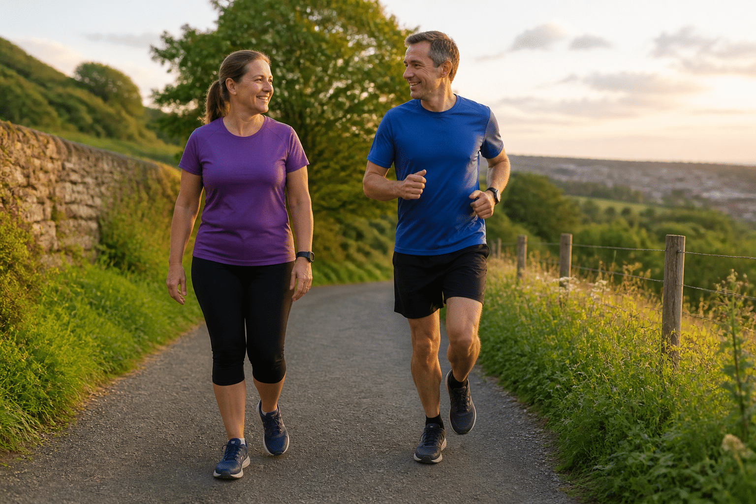 Two runners moving together at a relaxed pace on a path