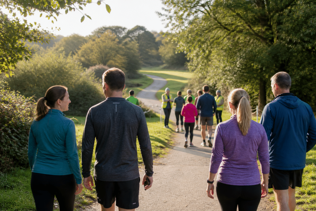 Runners and walkers arriving at a park path on a Saturday morning